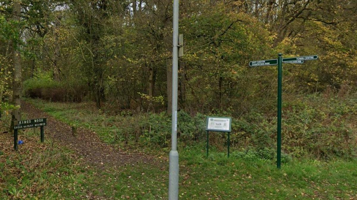 Entrance to King's Wood, showing King's Wood sign at entrance plus signpost, trees and path