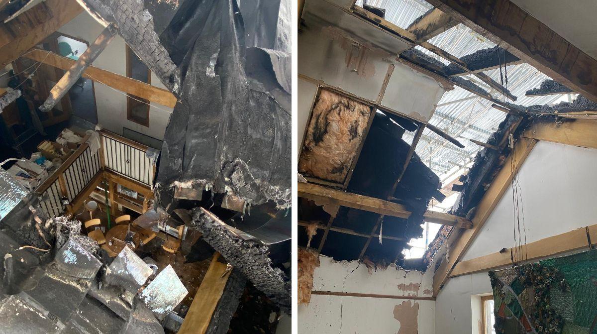 A side by side image showing the damage from the fire. The left image shows a view inside the cafe through a hole in the woof. The tiles and insulation have fallen down and there is significant water damage. On the right it shows a view through the roof hole from inside the cafe, with the ceiling tiles and roof slates fallen through.