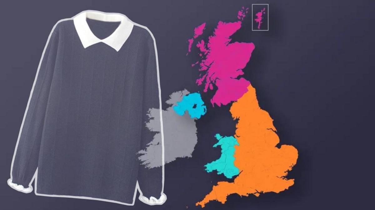 A map highlighting the four nations of the UK next to a school shirt and jumper. 