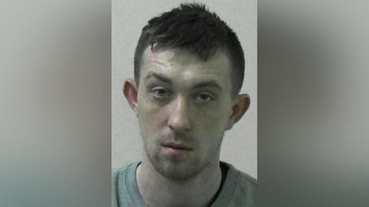 Mugshot of a young, pale man with short dark hair and large ears