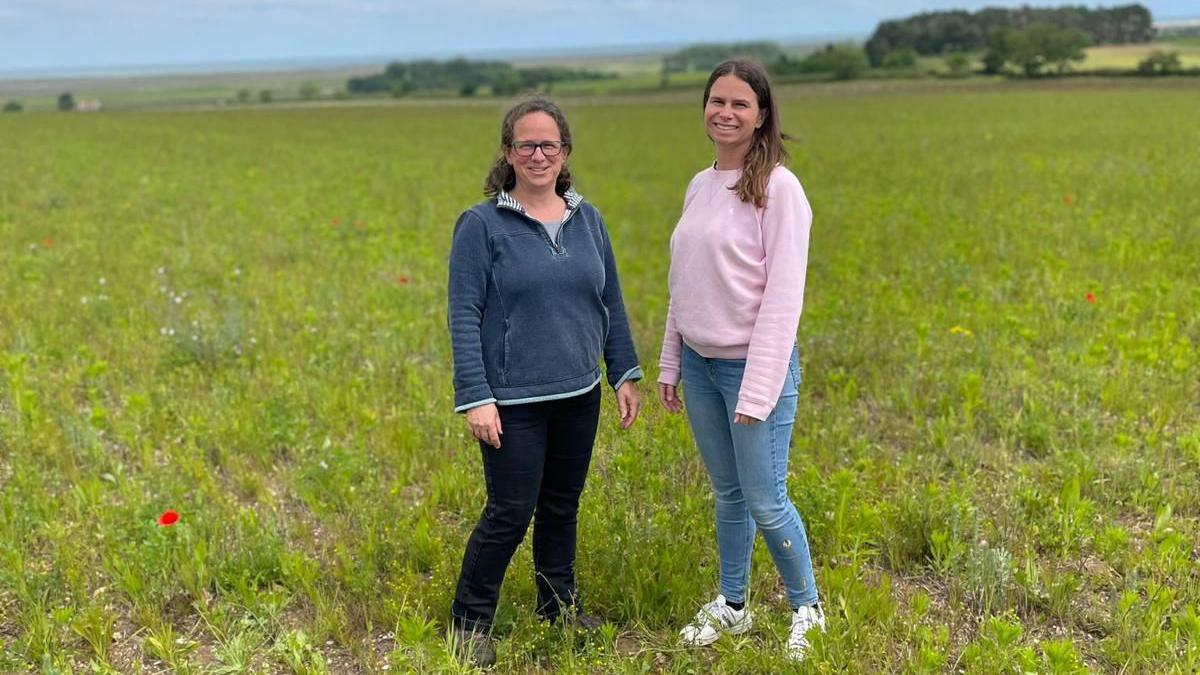 Anna Biesty, dressed in a pink jumper and jeans, stands in a field, planted with wildflower strips, with her sister. There are trees on the horizon.