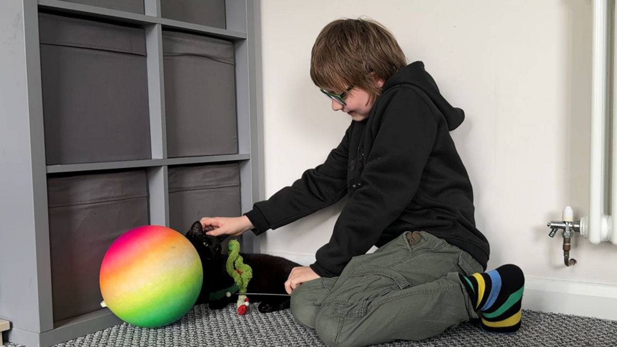 Seb kneeling on the carpet at his home and playing with a black cat