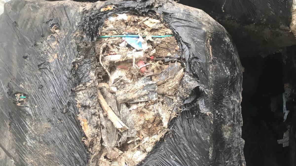 Close-up photo of a black bale - there's a split so you can see the waste inside. There's what appears to be green twine, and some bits of red and black plastic - the rest is murky brown/beige clumps. In the background you can see part of the other bales. 