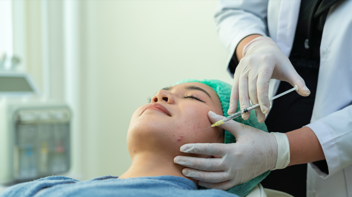 A woman in a blue medical gown and green medical gap lies down with her eyes closed, as a doctor in a white coat and gloves injects a syringe into the woman's face