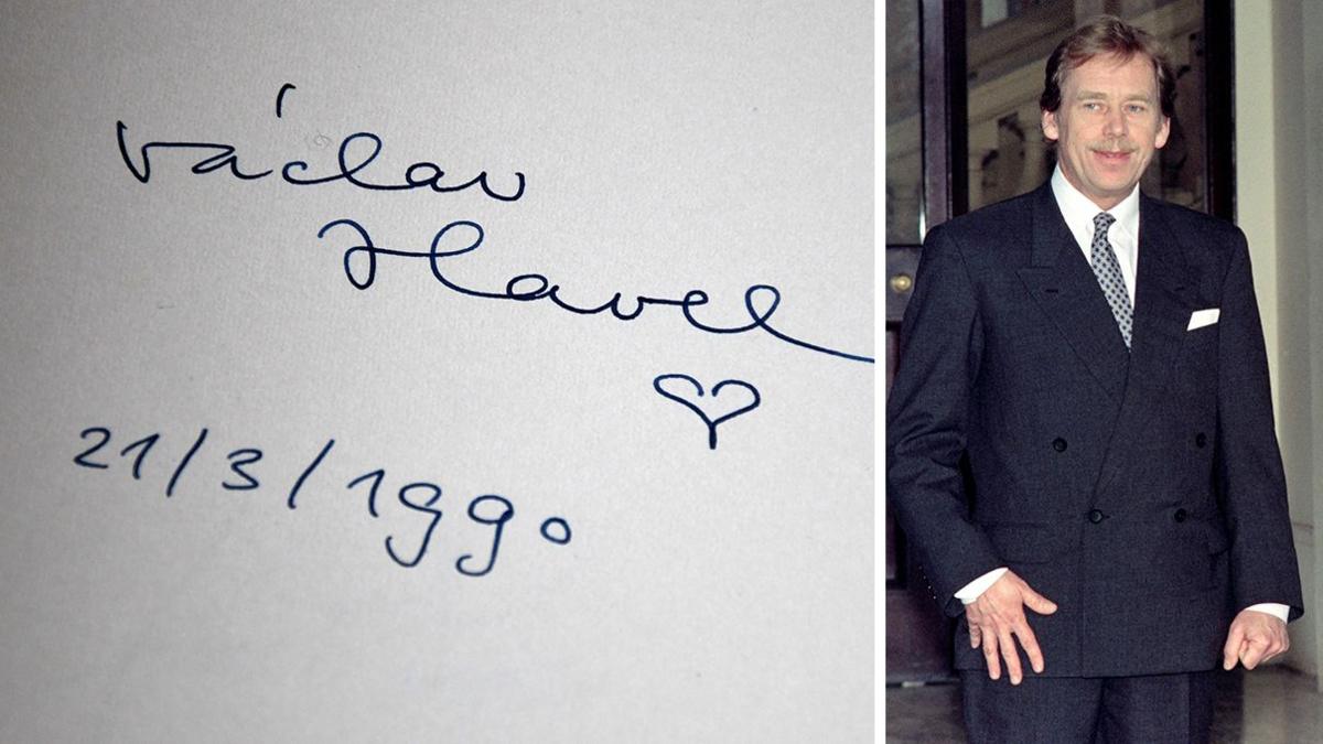 A composite image shows one of the Downing Street books signed by Czech statesman, author, poet, playwright, and dissident Vaclav Havel on the left, and on the right, an image of him on 21 March 1990 smiling and looking away from camera while meeting Queen Elizabeth (not pictured).