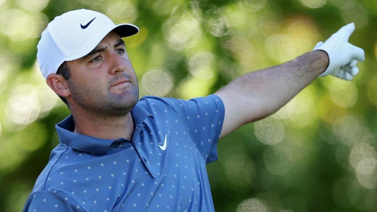 Scottie Scheffler reacts after hitting a shot during the third round of the CJ Cup Byron Nelson