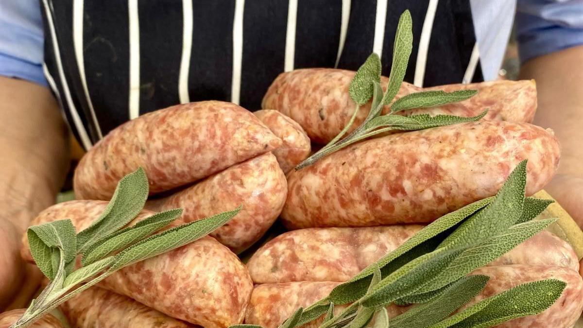 Raw sausages from Bowers Butchers dressed with the herb sage