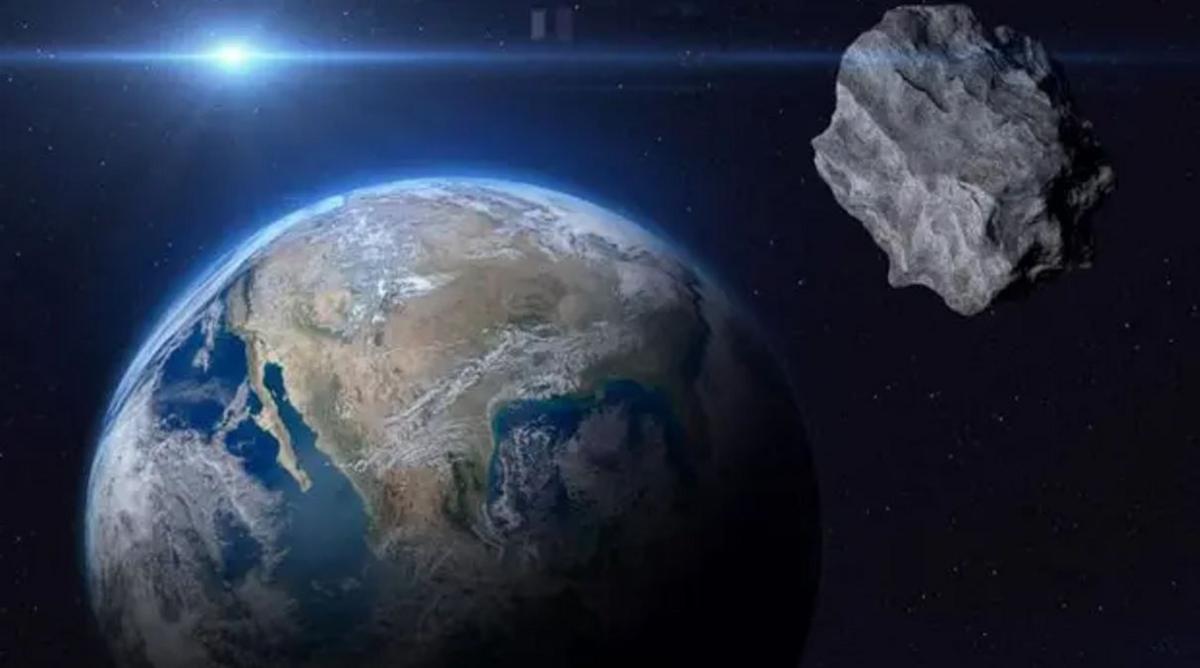 An artist's impression of planet Earth with a piece of rock in the foreground as it orbits Earth.