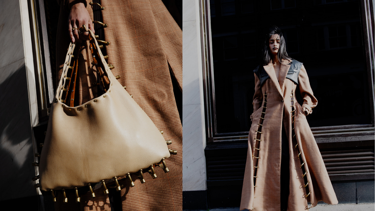 A collage of images showing a brown bag and a brown coat worn by a model. In the second image the woman looks a the camera, with hands in the pocket of the coat