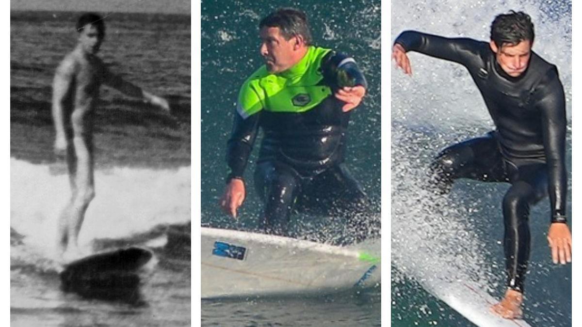 A trio grid from left to right: Ian surfing in trunks in black and white photo, Andy surfing in a gren and black wetsuit and Ethan in a black wetsuit 