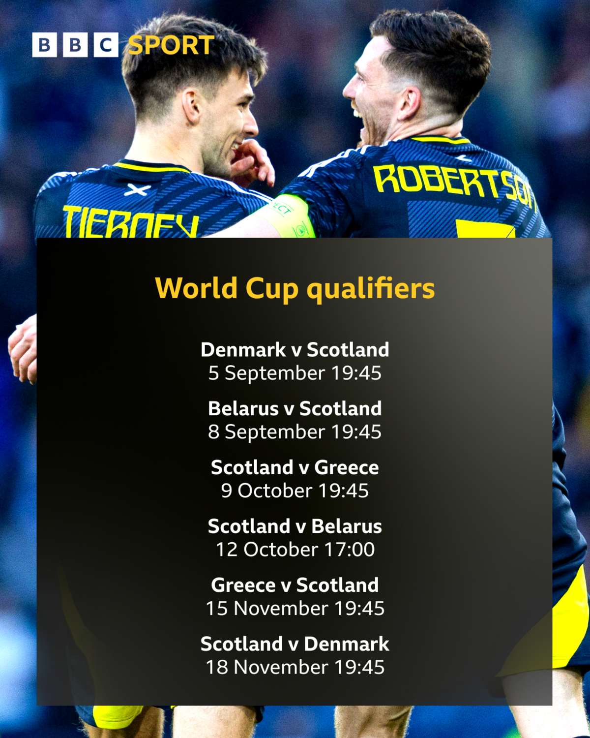 A graphic of Scotland's World Cup qualifying fixtures with a picture of Kieran Tierney and Andy Robertson