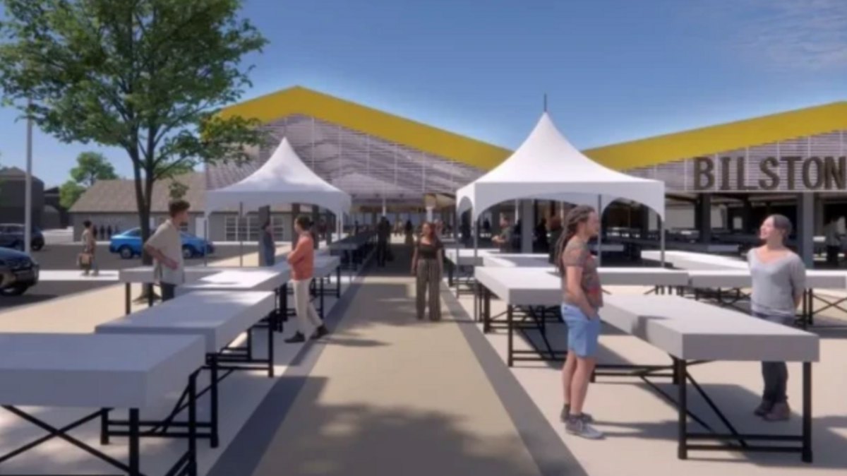 Artist's impression of the new outdoor market - showing new canopies and people at stalls