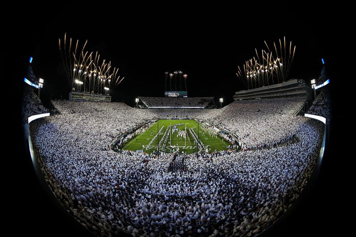 A general view of fireworks exploding as the Penn State Nittany Lions take the field before the White Out game against the Washington Huskies at Beaver Stadium on 9 November 2024 in State College, Pennsylvania.