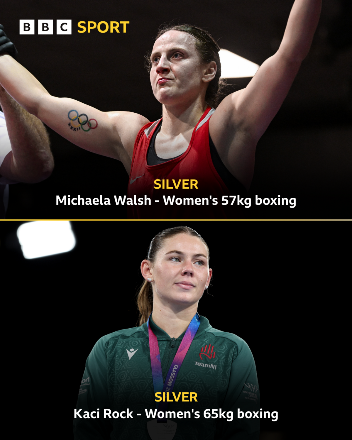 A graphic for Michaela Walsh and Kaci Rock winning silver medals at the Commonwealth Games