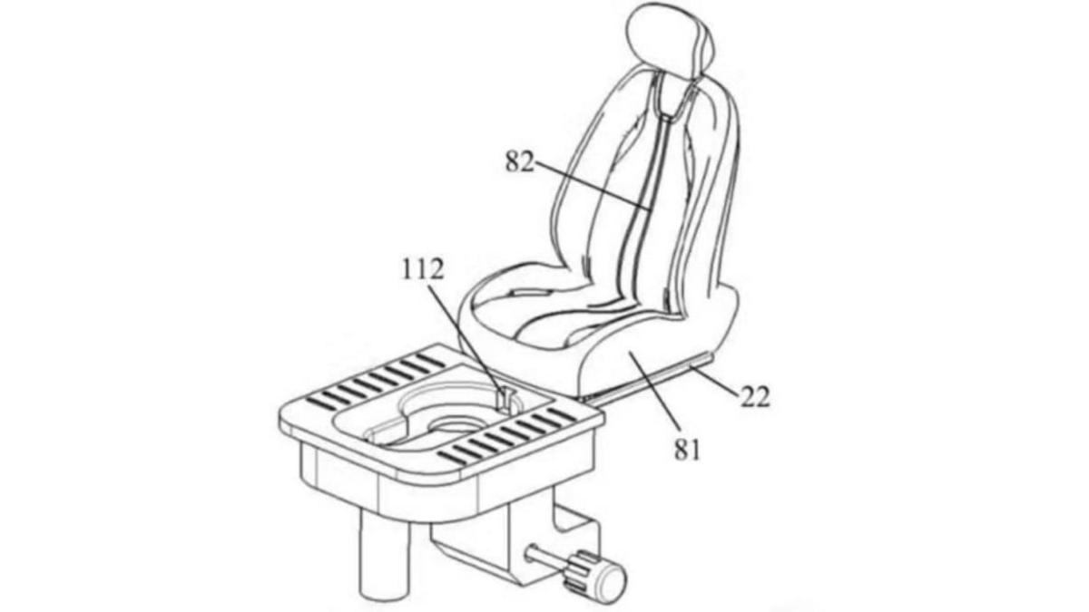 A sketch of Seres' in-car toilet concept, included in its patent filing. It shows a toilet attached to a sliding rail below a car passenger seat.