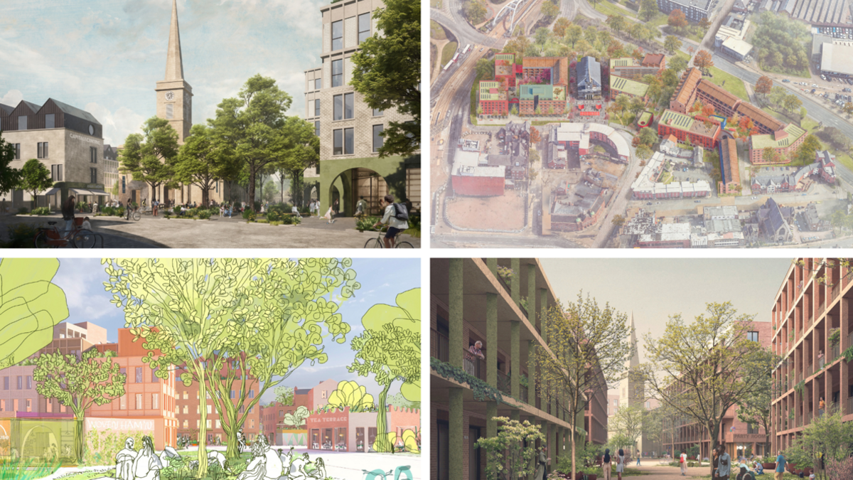 Four artist's impressions of how the land could look, with multi-storey buildings and trees