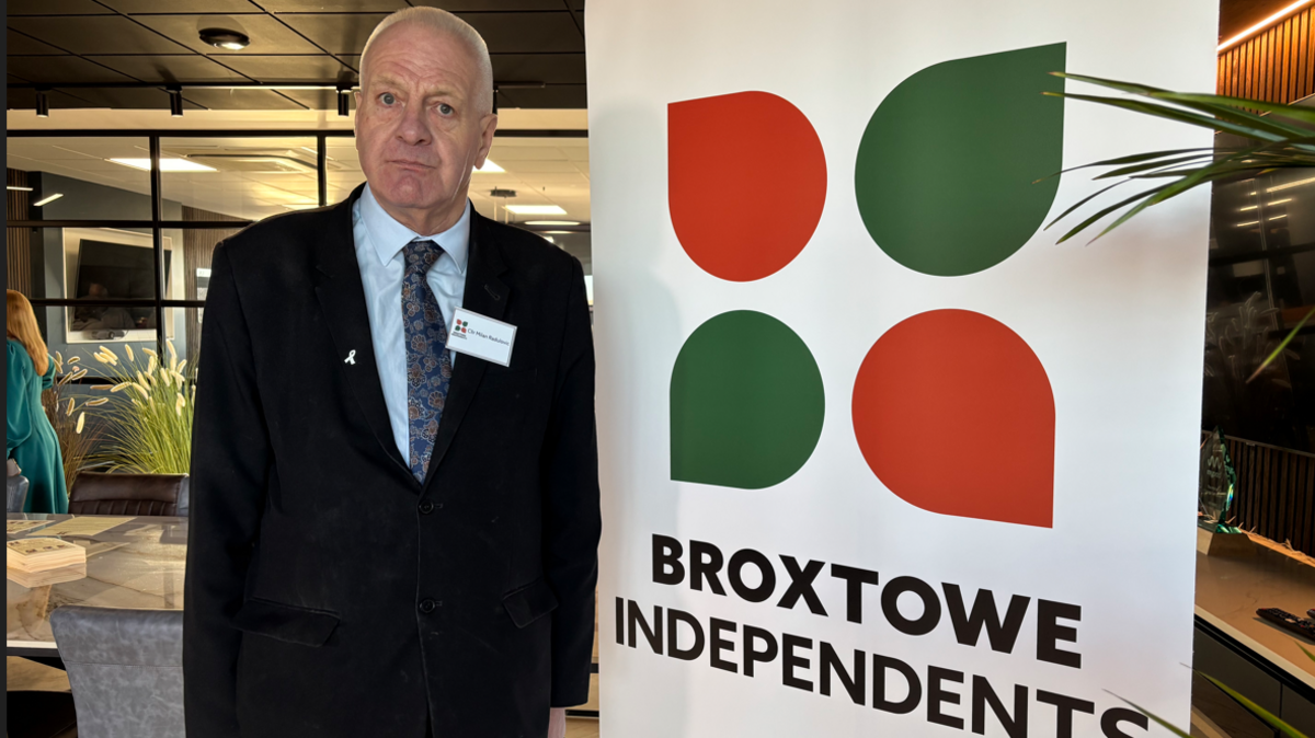 Milan Radulovic wearing a black suit, a light blue collared shirt and a blue tie. He is stood next to a white sign with the words Broxtowe Independents on.