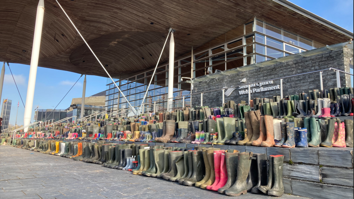 Wellies placed on the steps of the Senedd building