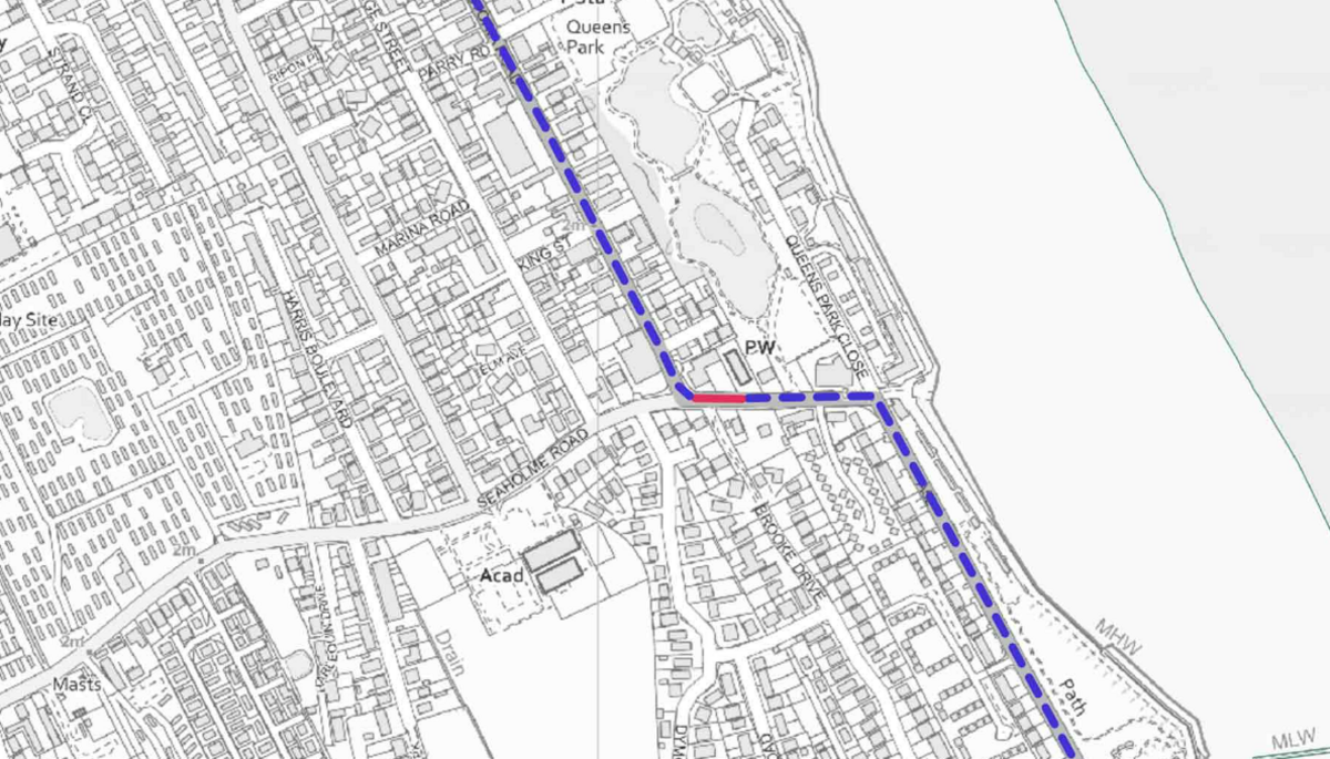 A detailed map of the location of the two roads, by the seafront.  The map details houses, and shows a small red section on the A52 near the junction with Seaholme Road