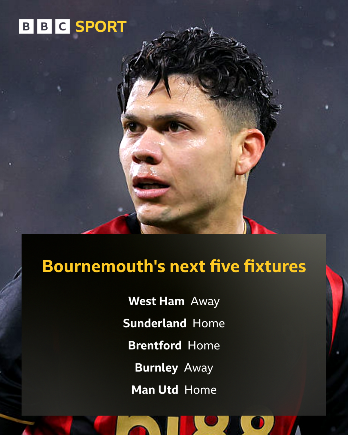 Graphic showing Bournemouth's next five games over a picture of Evanilson