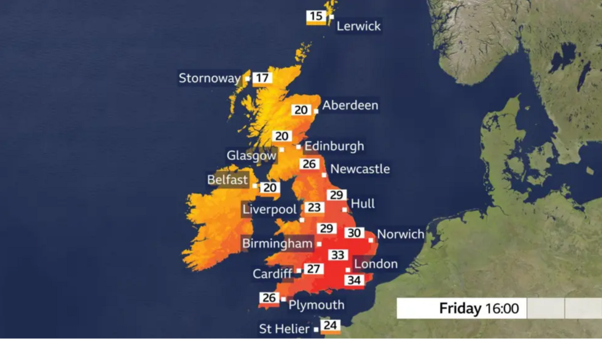 Weather map of UK for Friday.