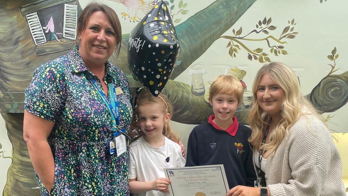 Respiratory nurse Emma Sheppard with Ballifield pupils Caitlin and Owen, and learning mentor Molly Rushforth