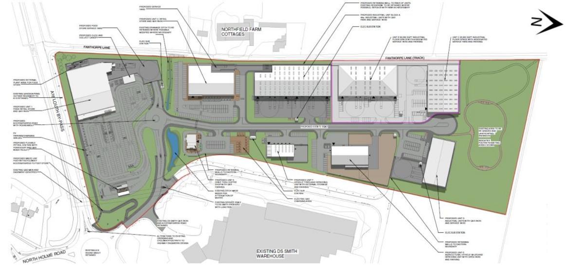 A bird's eye plan of the retail park showing where multiple units will lie, with annotations.  