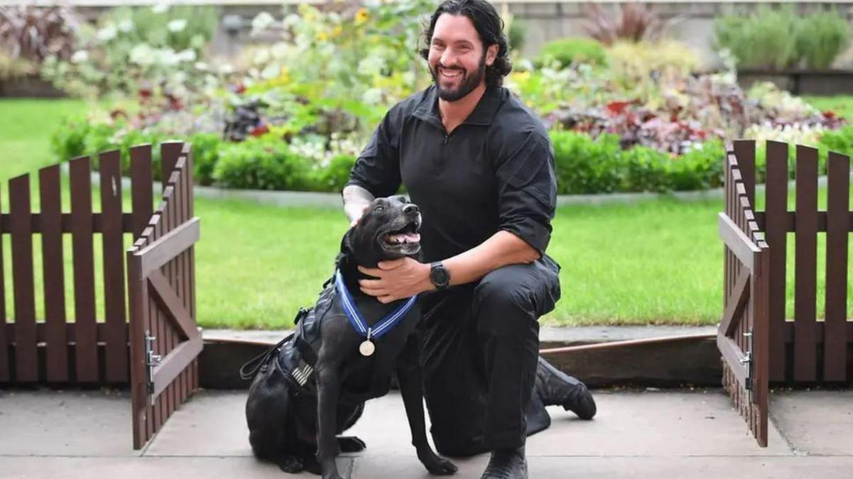 A black dog is petted by his owner. The dog wears his blue ribbon and silver medal award and looks happy. The owner kneels beside him and smiles. 