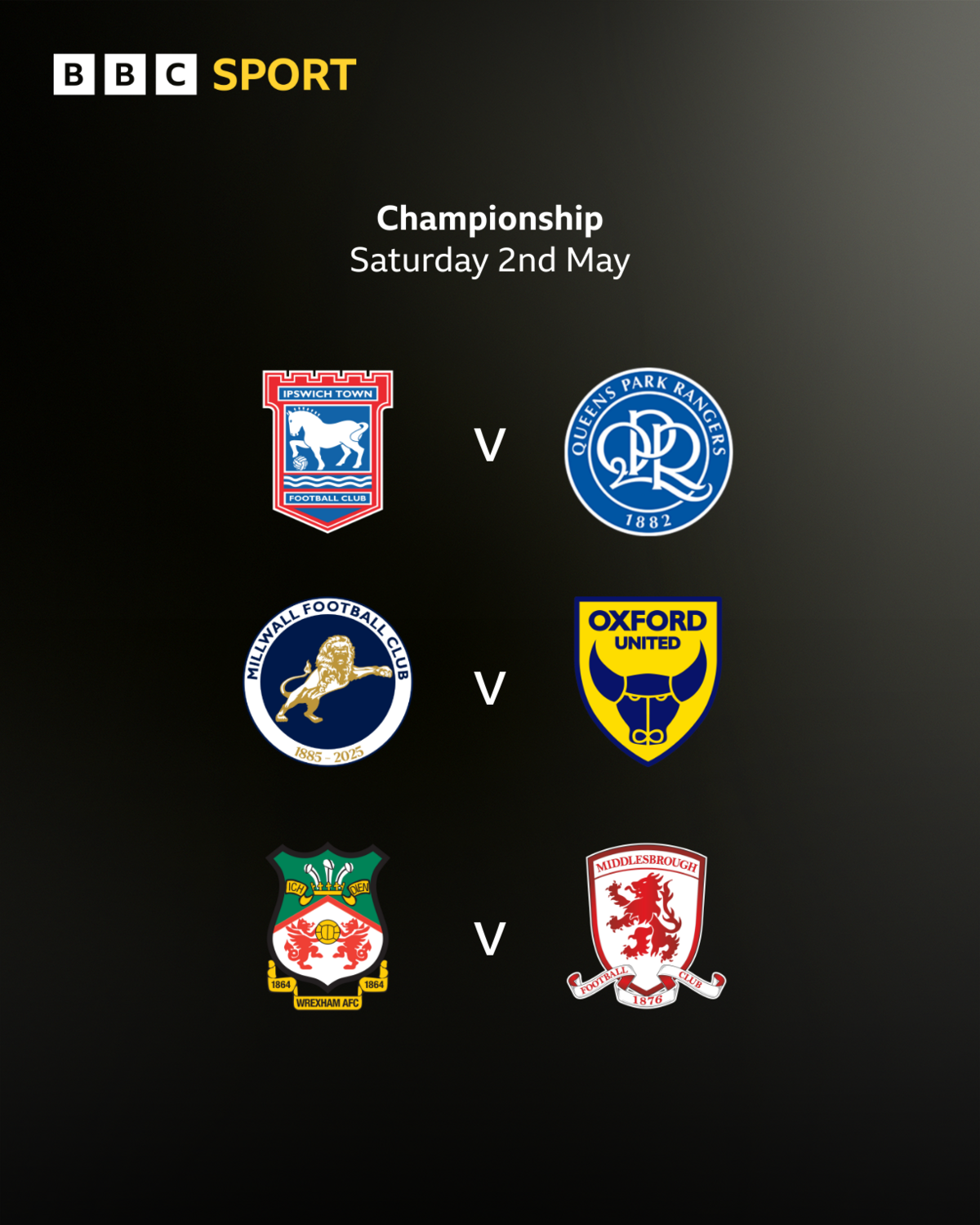 Graphic showing the final day fixtures in the race for automatic promotion with club badges used: Ipswich v QPR Millwall v Oxford Wrexham v Middlesbrough