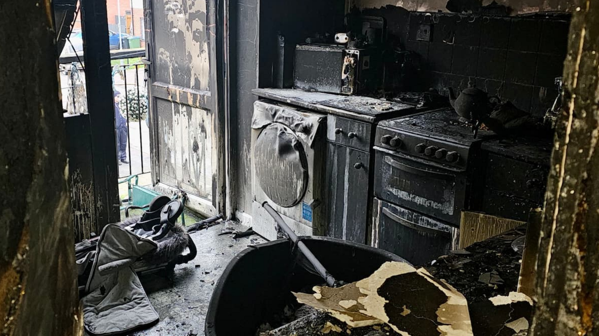 The burnt insides of a room in the maisonette