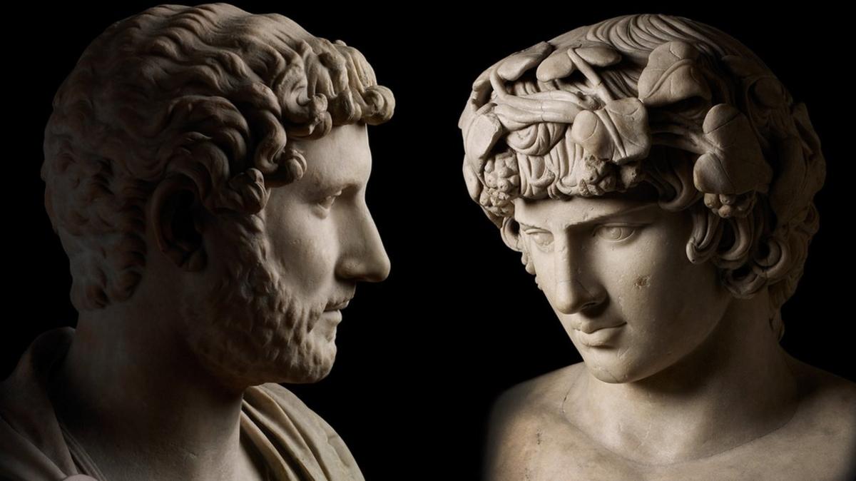 (l-r) A bust of Hadrian from his villa at Tivoli; a head of Antinous from Rome