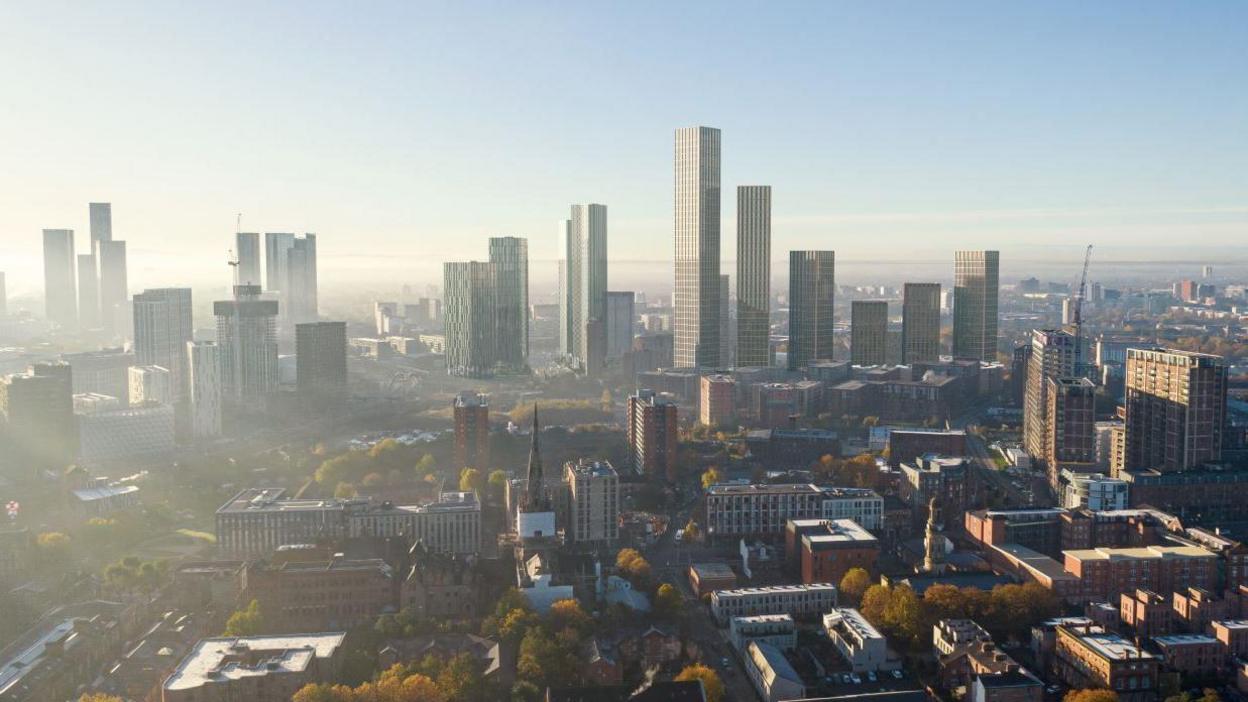 A computerised image of the skyscraper standing tall amongst the general skyline of Salford / Manchester.