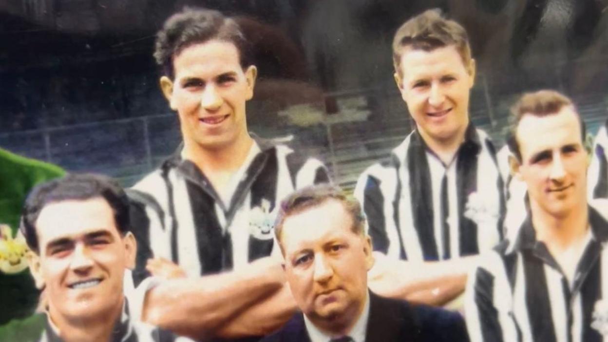 Football picture of Newcastle United's 1952 FA Cup winning team which pictures George Robledo wearing the famous black and white shirt of Newcastle.