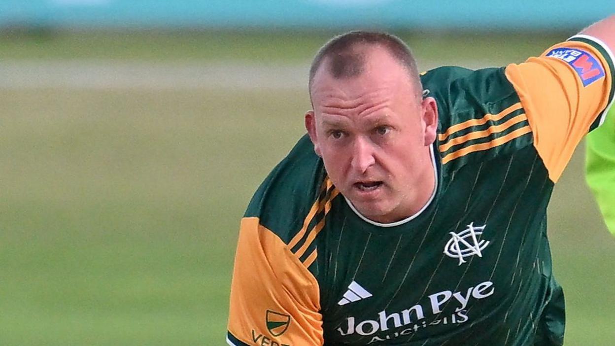 Luke Fletcher watches the ball as he sends down a delivery for Notts Outlaws in the One-Day Cup