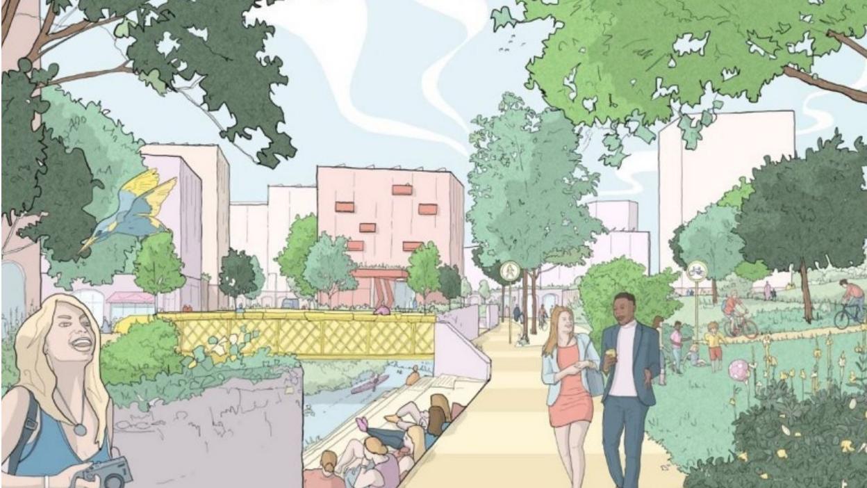 Illustration showing people walking through a riverside park surrounded by buildings