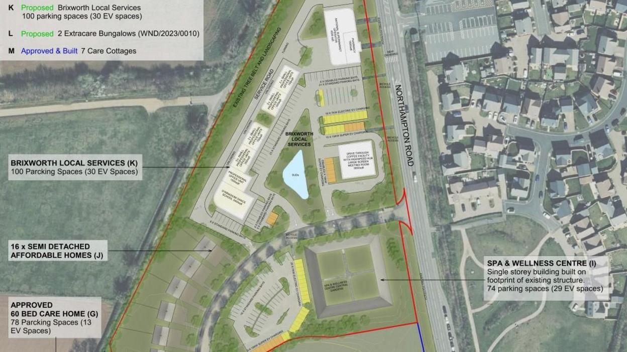 A computer generated plan shows a triangle of land beside Northampton Road. The plan has labels for an approved 60 bed care home, local services including 100 parking spaces, 16 semi-detached homes and a spa and wellbeing centre.