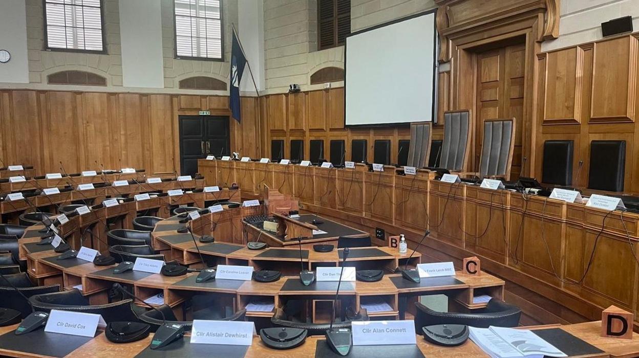 The empty council chamber at Devon County Council