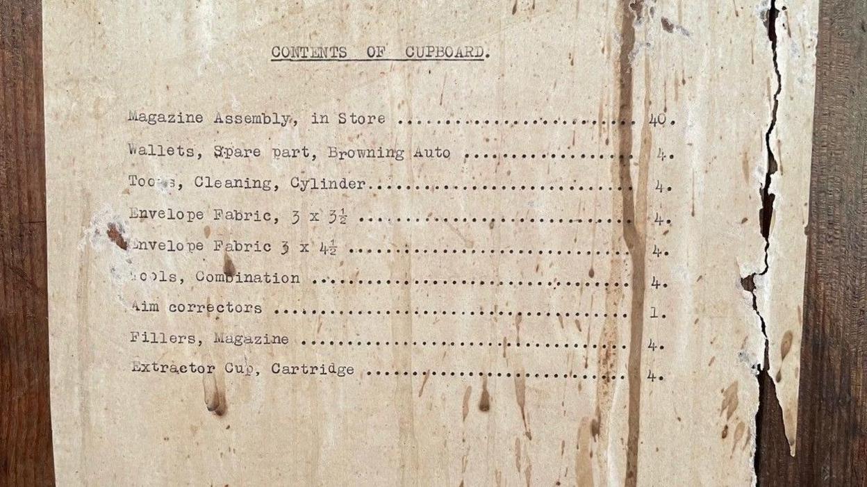 Typed list of weapons and equipment and corresponding numbers of amounts on torn sheet of paper on a wooden background