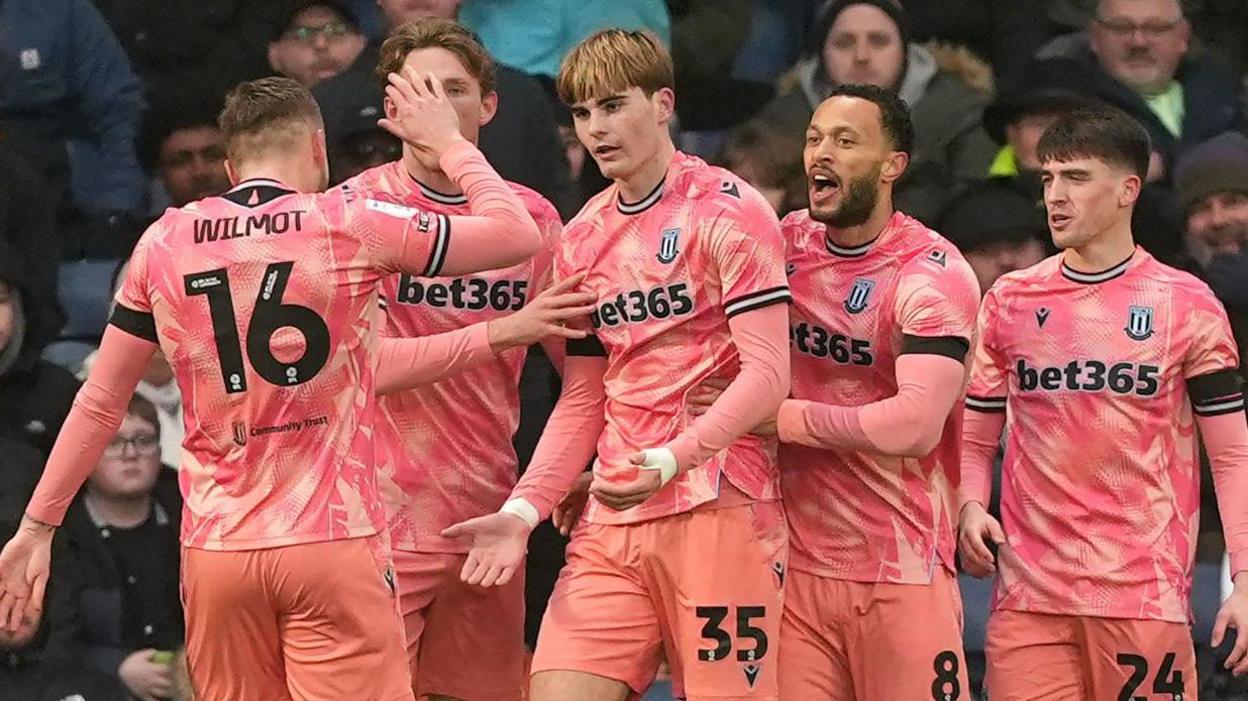 Stoke City striker Nathan Lowe celebrates his 19th goal of the season - but his first of the campaign for the Potters 