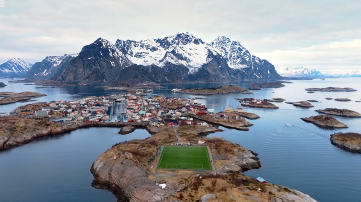 A birds eye view of Henningsvaer Stadium, located within the Arctic Circle in Norway.