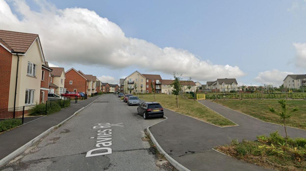 A screengrab taken from Google Maps of Davies Road in Salisbury, Wiltshire. It shows a residential street with cars parked on the road and a park on the right hand side.