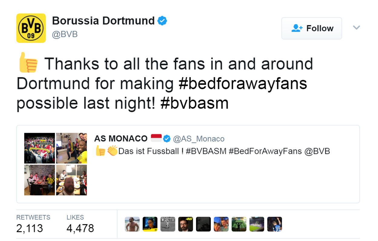 Tweet from @BVB: "Thanks to all the fans in and around Dortmund for making #bedforawayfans possible last night! #bvbasm"