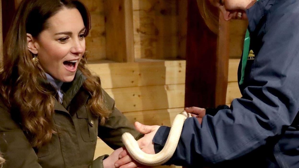 Duchess of Cambridge holds a snake on a visit to the Ark Open Farm Northern Ireland