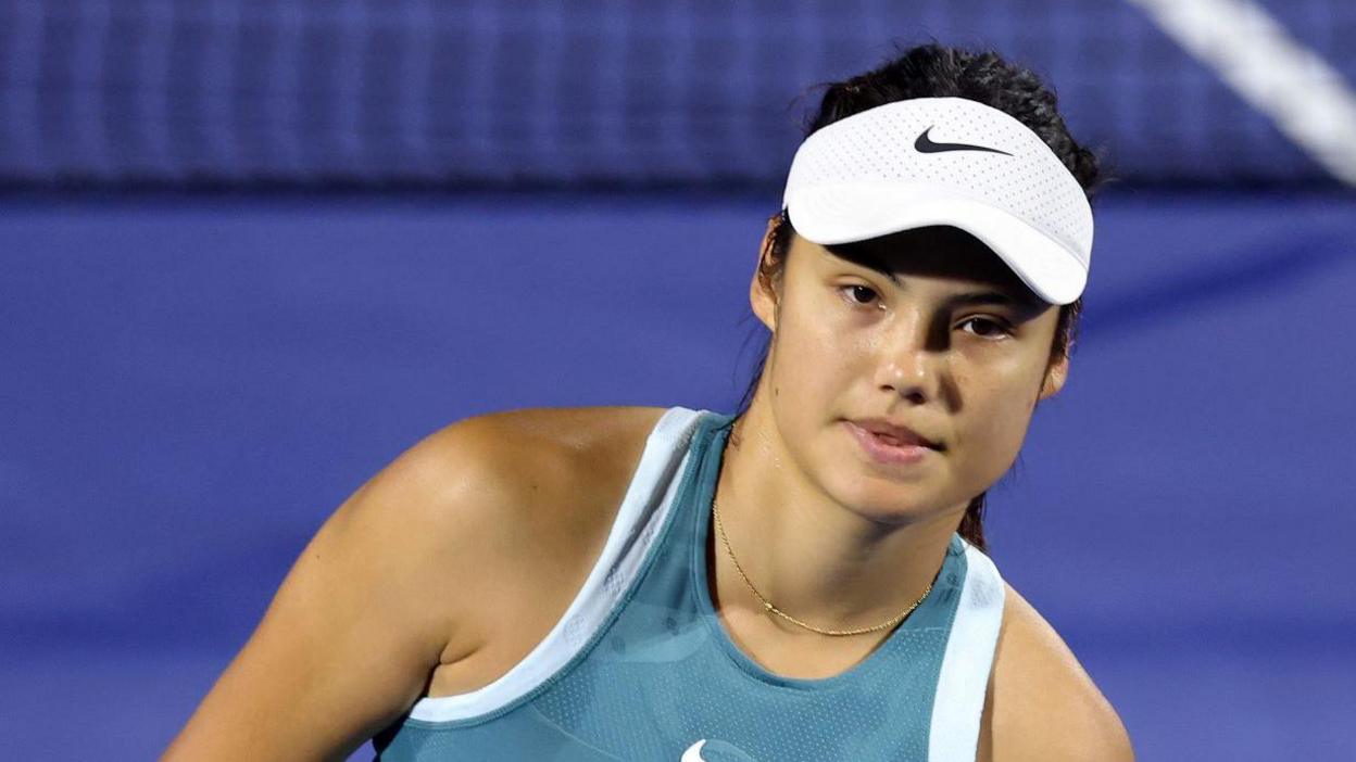 Emma Raducanu looks forlorn during her Dubai Tennis Championships match