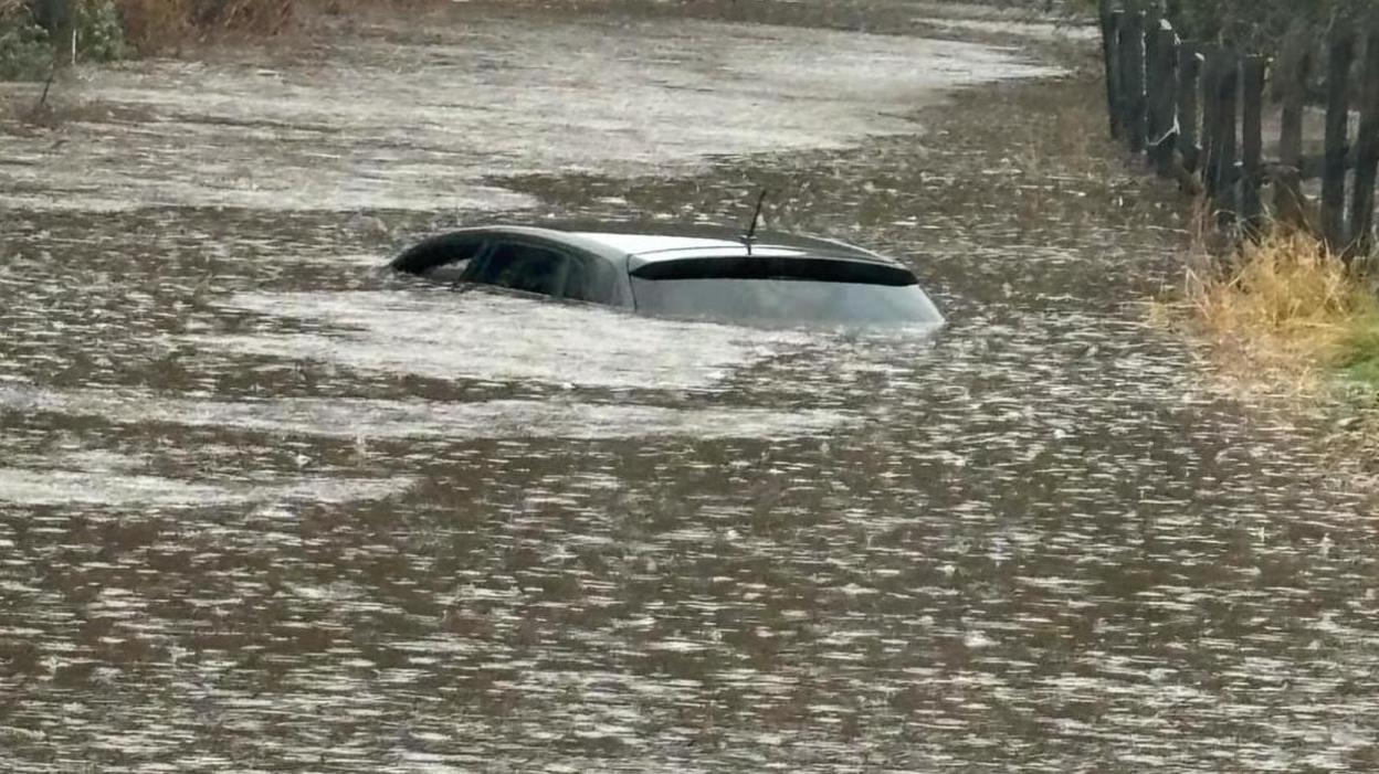 The back of a black car, submerged in water next to a brown wooden fence.