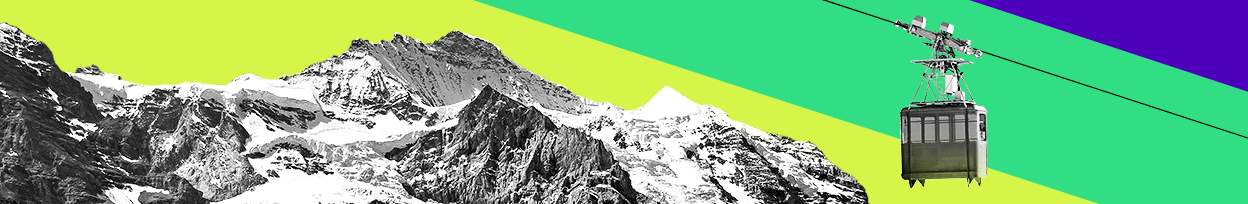 Banner with green and purple colours. There's a picture of a mountain and cable car.