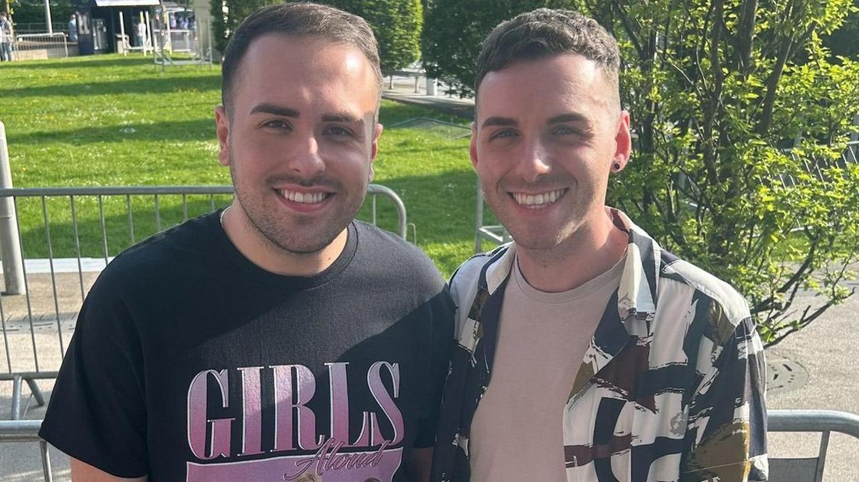 Girls Aloud superfans Corey and Jason outside the SSE Arena ahead of the group's first concert in the city for more than a decade