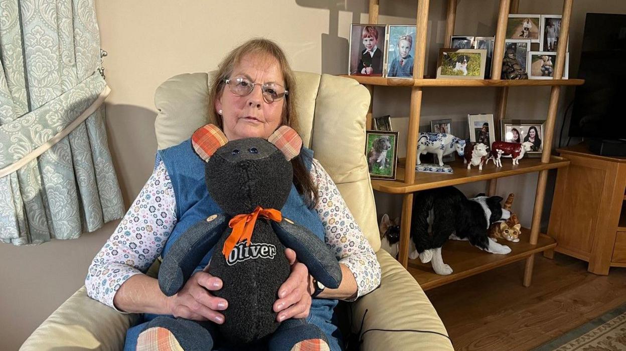 A woman in a blue pinafore and white floral shirt holds a black teddy bear on her lap: it is made of black and grey fabric and has orange patchwork ears, with an orange bow around its neck and Oliver embroidered on its chest in silver letters. She is sat on a white leather chair, with green floral curtains behind her on the left. On the right, behind her, is a wooden unit with lots of photos on it - many of a boy, but some of dogs. There are also animal sculptures on the unit.