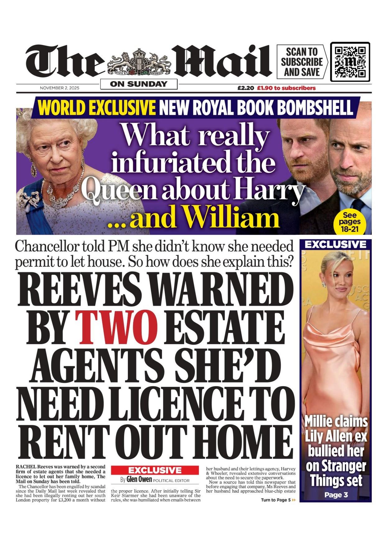 "Reeves warned by two estate agents she'd need licence to rent out home," the Mail on Sunday's headline on the front page reads