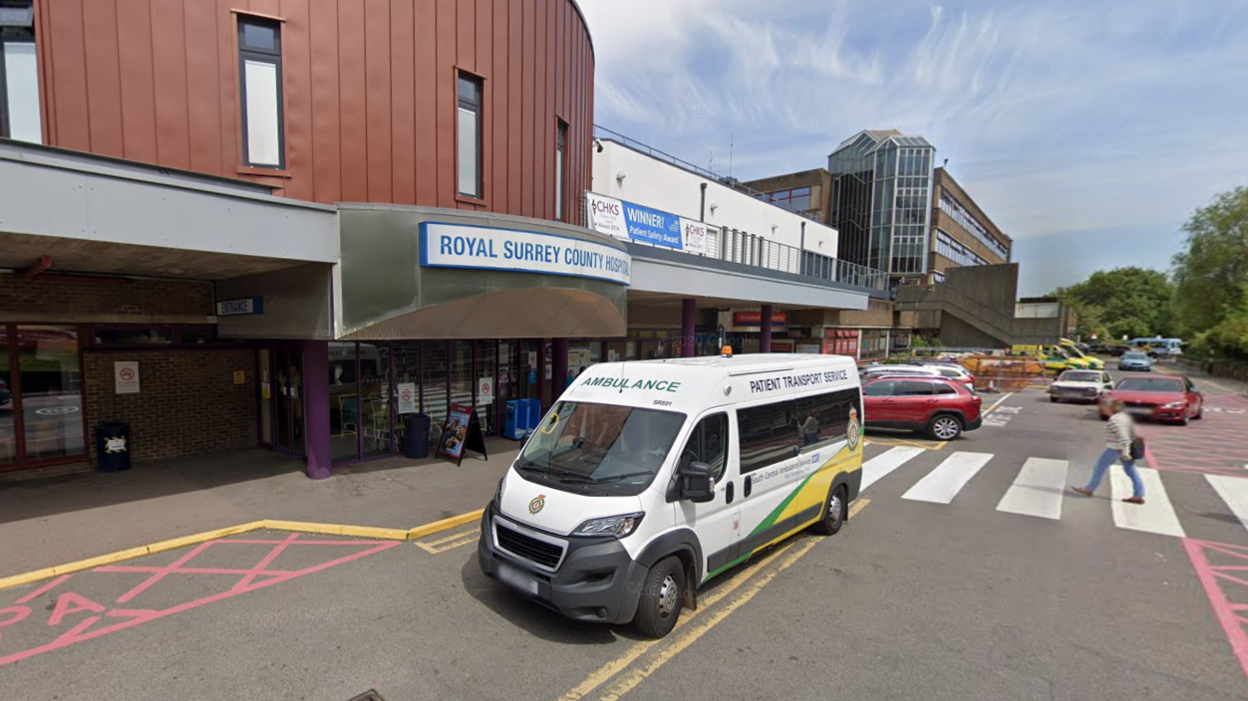 The exterior of the main entrance to the Royal Surrey County Hospital in Guildford.